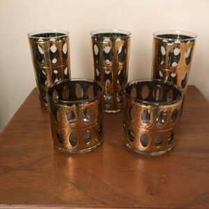 Vintage Mid Century Culver Gold and green bar ware Glass Set